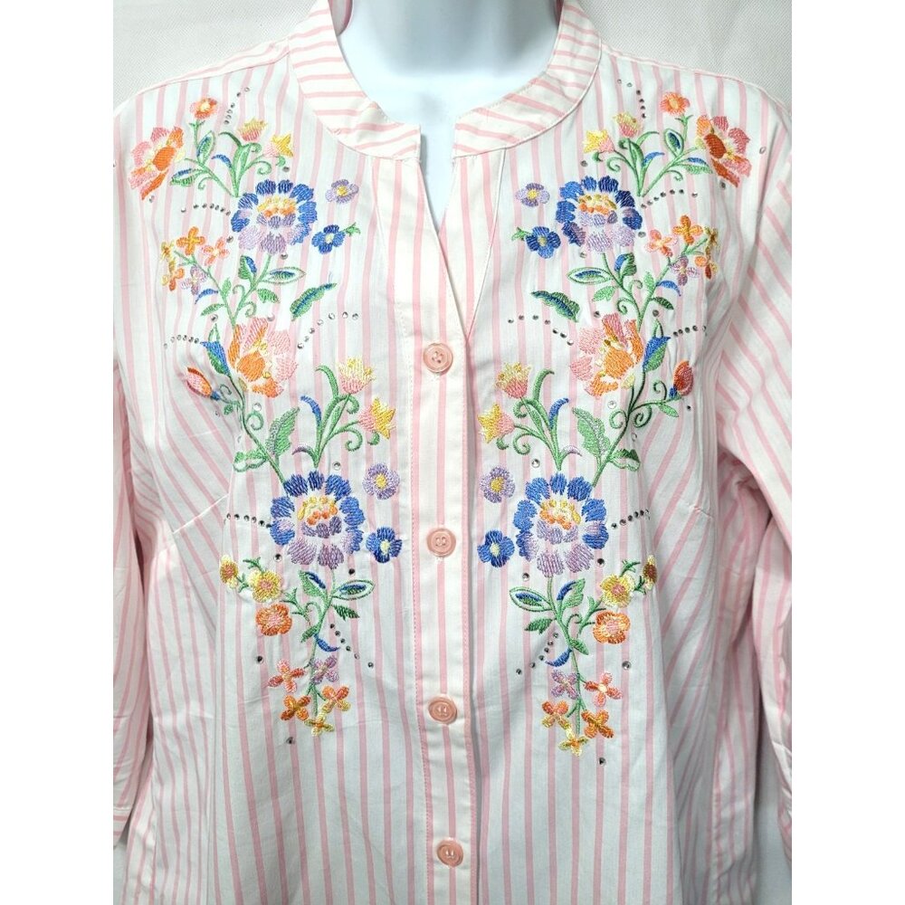 Quacke‎ Factory Floral Embroidered Blouse by Jeanne Bice Striped Mature Womens M